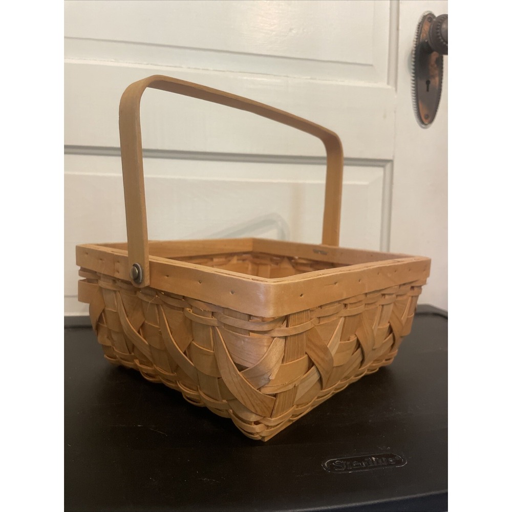 Woven Maple Wood Basket 10" Square With Handle, 4" Deep